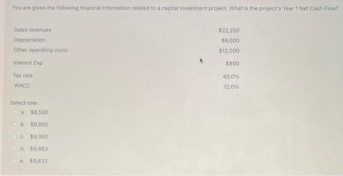 You are given the following financial information related to a capital investment project. What is the project's Year 1 Net Cash Flow?
Sales revenues
Depreciation
Other operating costs
Interest Exp
Tax rate
WACC
Select one:
a. $8,580
b. $8,900
c. $9,350
d. $9,463
e. $9,832
$22,250
$8,000
$12,000
$800
40.0%
12.0%