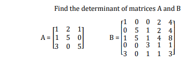 Find the determinant of matrices A and B
1
0 0 2 41
[1 2 1
A = |1 5 0
3 0
5 1 2 4
B = 1 5 1 4 8
1
0 3 1
L3
0 1
3
