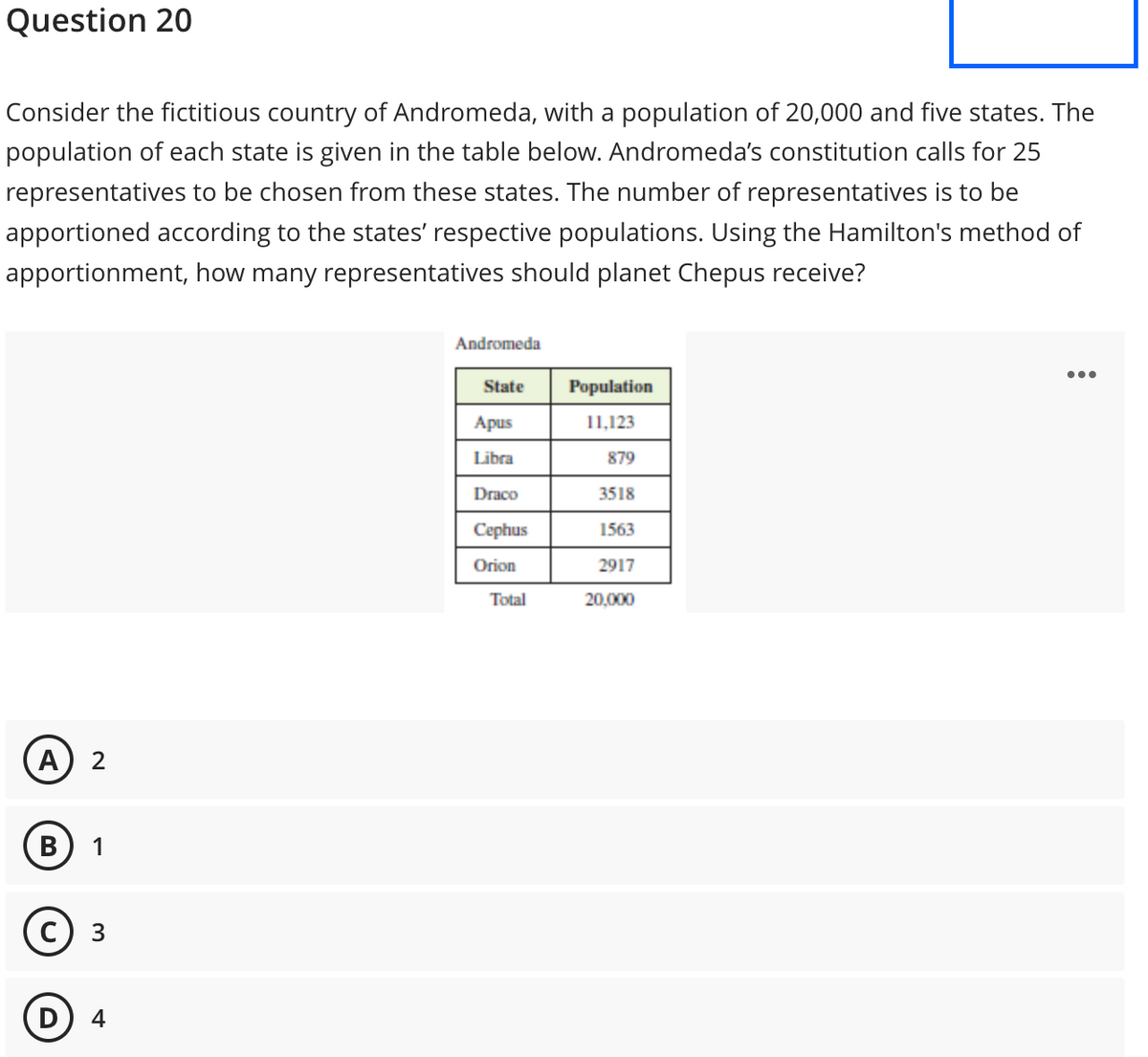 Question 20
Consider the fictitious country of Andromeda, with a population of 20,000 and five states. The
population of each state is given in the table below. Andromeda's constitution calls for 25
representatives to be chosen from these states. The number of representatives is to be
apportioned according to the states' respective populations. Using the Hamilton's method of
apportionment, how many representatives should planet Chepus receive?
A) 2
B 1
3
D 4
Andromeda
State
Apus
Libra
Draco
Cephus
Orion
Total
Population
11,123
879
3518
1563
2917
20,000
: