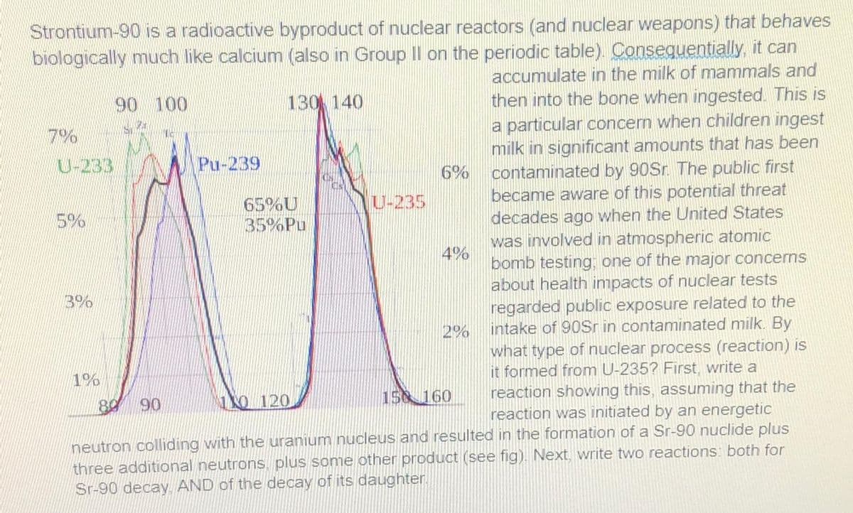 Strontium-90 is a radioactive byproduct of nuclear reactors (and nuclear weapons) that behaves
biologically much like calcium (also in Group II on the periodic table). Consequentially, it can
accumulate in the milk of mammals and
then into the bone when ingested. This is
a particular concern when children ingest
milk in significant amounts that has been
contaminated by 90Sr. The public first
became aware of this potential threat
decades ago when the United States
was involved in atmospheric atomic
bomb testing; one of the major concerns
about health impacts of nuclear tests
regarded public exposure related to the
intake of 90Sr in contaminated milk. By
what type of nuclear process (reaction) is
it formed from U-235? First, write a
reaction showing this, assuming that the
reaction was initiated by an energetic
neutron colliding with the uranium nucleus and resulted in the formation of a Sr-90 nuclide plus
three additional neutrons, plus some other product (see fig). Next, write two reactions: both for
Sr-90 decay. AND of the decay of its daughter.
90 100
130 140
7%
U-233
Pu-239
65%U
5%
35%Pu
M
3%
90
10120
1%
89
U-235
6%
4%
2%
150 160