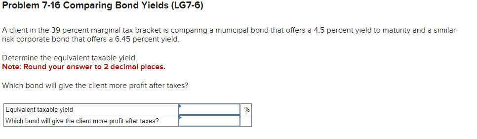 Problem 7-16 Comparing Bond Yields (LG7-6)
A client in the 39 percent marginal tax bracket is comparing a municipal bond that offers a 4.5 percent yield to maturity and a similar-
risk corporate bond that offers a 6.45 percent yield.
Determine the equivalent taxable yield.
Note: Round your answer to 2 decimal places.
Which bond will give the client more profit after taxes?
Equivalent taxable yield
Which bond will give the client more profit after taxes?
%