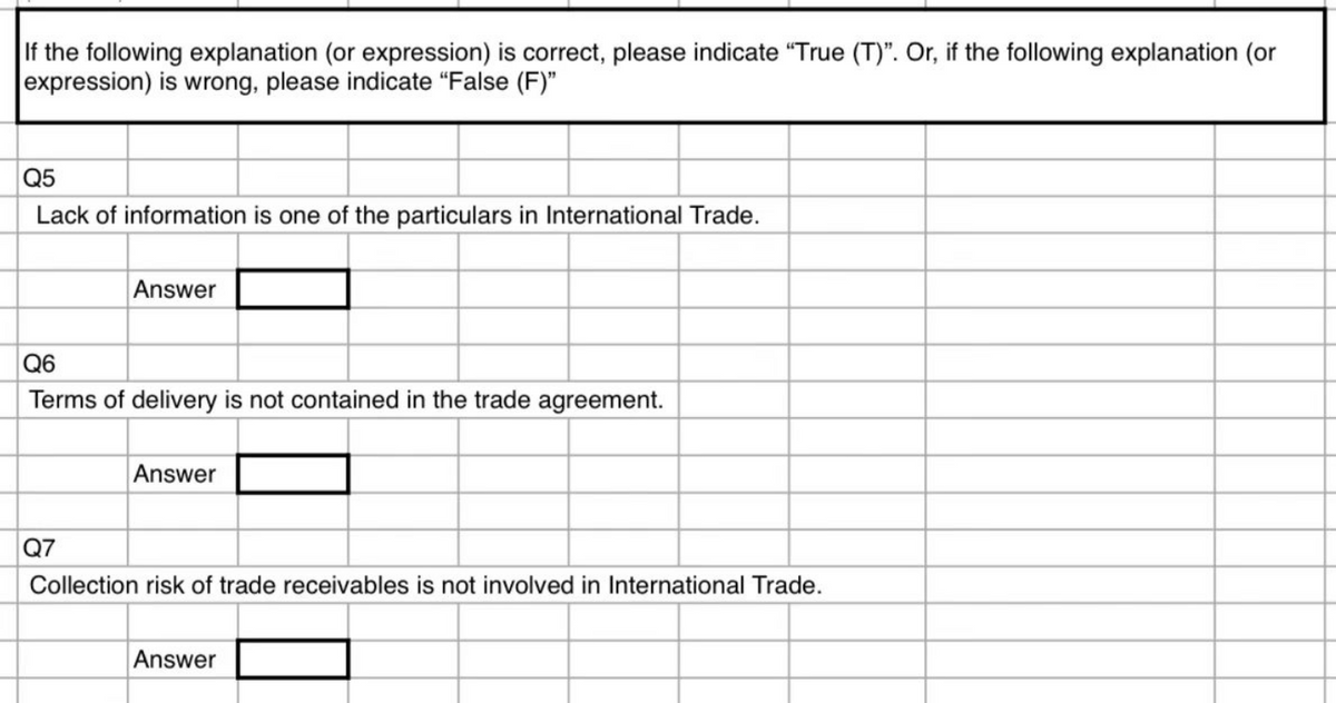 If the following explanation (or expression) is correct, please indicate "True (T)". Or, if the following explanation (or
expression) is wrong, please indicate "False (F)"
Q5
Lack of information is one of the particulars in International Trade.
Answer
Q6
Terms of delivery is not contained in the trade agreement.
Q7
Answer
Collection risk of trade receivables is not involved in International Trade.
Answer