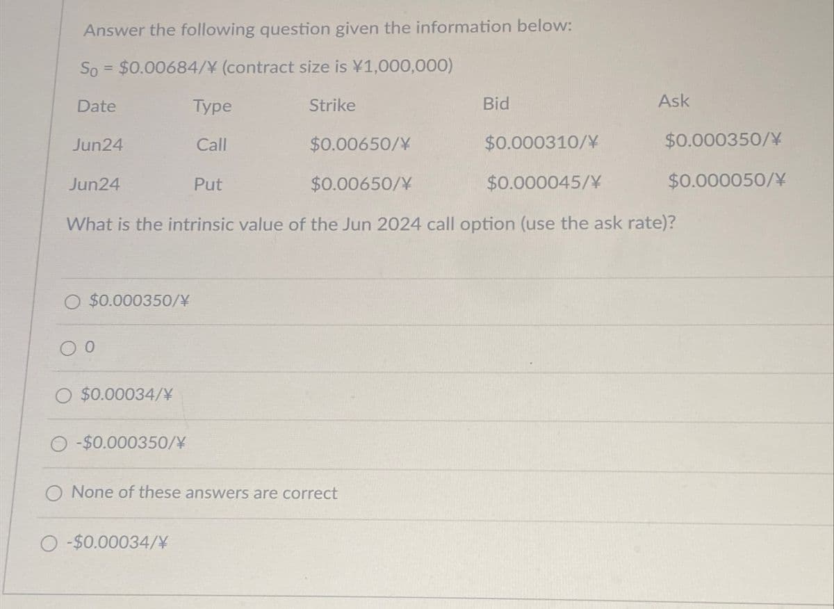 Answer the following question given the information below:
So = $0.00684/¥ (contract size is ¥1,000,000)
Date
Type
Jun24
Call
Jun24
Put
Strike
$0.00650/\
$0.00650/¥
Bid
Ask
$0.000310/¥
$0.000350/¥
$0.000045/¥
$0.000050/¥
What is the intrinsic value of the Jun 2024 call option (use the ask rate)?
O $0.000350/\
00
O $0.00034/¥\
O-$0.000350/\
O None of these answers are correct
O-$0.00034/\