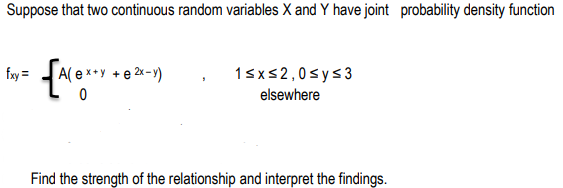Suppose that two continuous random variables X and Y have joint probability density function
fxy =
1sxs2,0sy<3
elsewhere
Find the strength of the relationship and interpret the findings.
