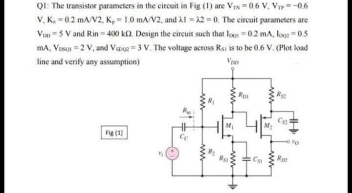 QI: The transistor parameters in the circuit in Fig (1) are VrN = 0.6 V, VTP=-0.6
V, K, = 0.2 mA/V2, K, = 1.0 mA/V2, and Al = 12 0. The circuit parameters are
VDD =5 V and Rin- 400 kQ, Design the circuit such that Ipoi -0.2 mA, Ioo 0.5
mA, Vosqi = 2 V, and Vspoz = 3 V. The voltage across Rsi is to be 0.6 V. (Plot load
Vpo
line and verify any assumption)
Rpi
Rs
C
Fig (1)
Rs
Cs
Rp
HH
ww
ww
www
ww
