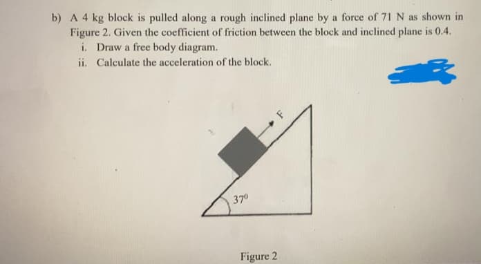 b) A 4 kg block is pulled along a rough inclined plane by a force of 71 N as shown in
Figure 2. Given the coefficient of friction between the block and inclined plane is 0.4.
i. Draw a free body diagram.
ii. Calculate the acceleration of the block.
370
Figure 2
