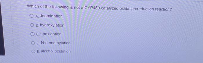 Which of the following is not a CYP450 catalyzed oxidation/reduction reaction?
O A. deamination
OB. hydroxylation
c.epoxidation
O D. N-demethylation
O E. alcohol oxidation