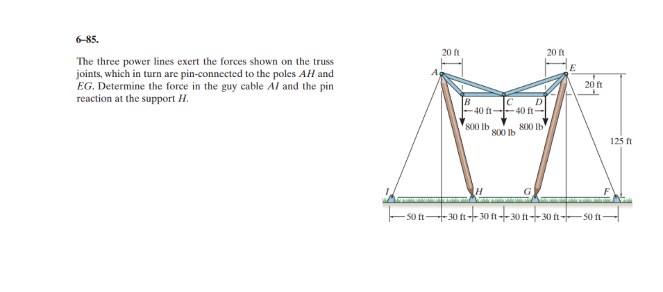 6-85.
The three power lines exert the forces shown on the truss
joints, which in turn are pin-connected to the poles AH and
EG. Determine the force in the guy cable AI and the pin
reaction at the support H.
20 ft
D
B
-40 ft--40 ft-
800 lb
800 lb
H
800 lb
-50 ft-30 ft--30
20 ft
-30 ft-30 ft-30 ft-30 ft
30 ft-30
20 ft
ft-50 ft-
125 ft