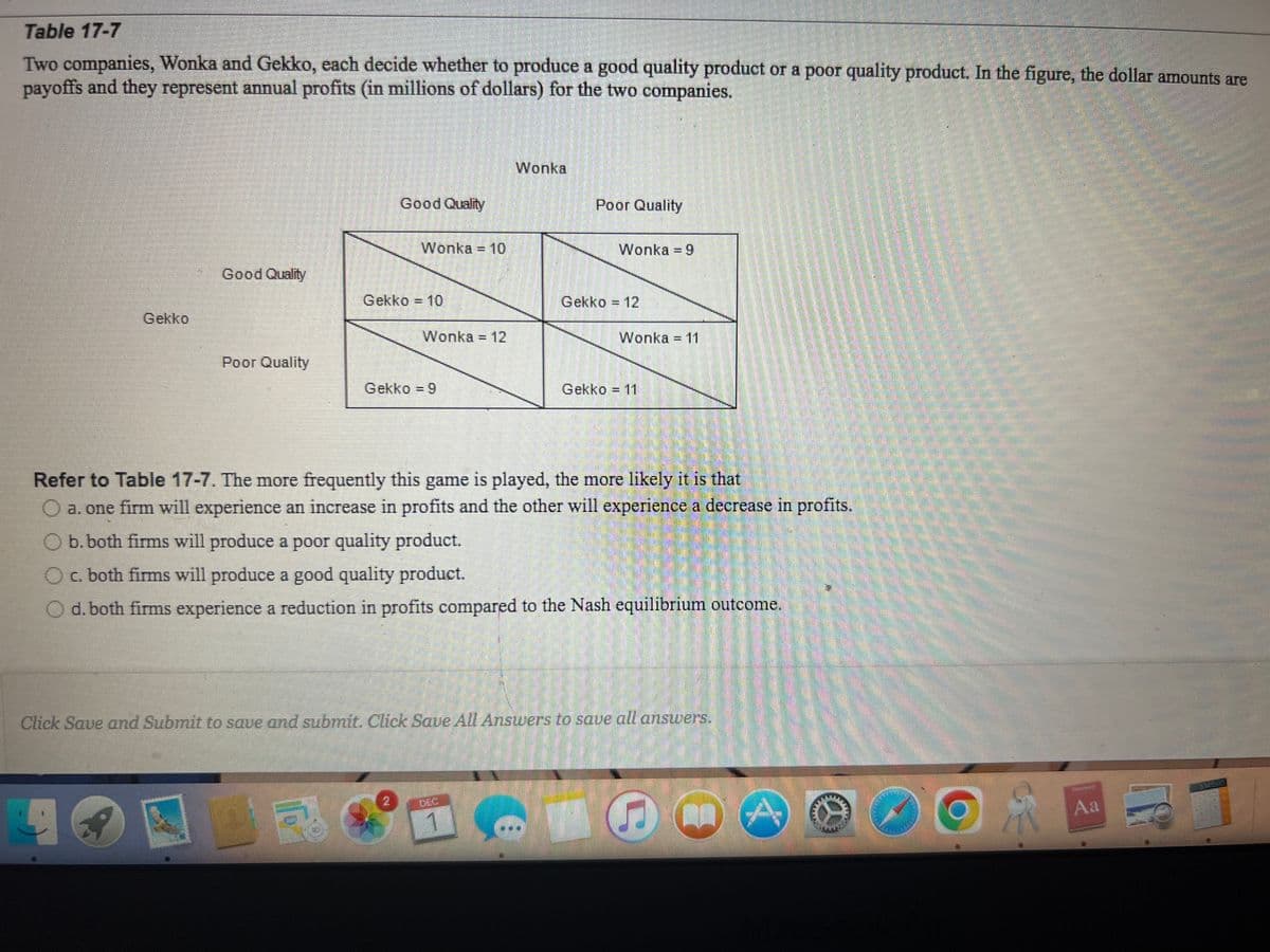 Table 17-7
Two companies, Wonka and Gekko, each decide whether to produce a good quality product or a poor quality product. In the figure, the dollar amounts are
payoffs and they represent annual profits (in millions of dollars) for the two companies.
Gekko
Good Quality
1
Poor Quality
Good Quality
Wonka = 10
Gekko = 10
Wonka = 12
Gekko = 9
Wonka
Poor Quality
1
Wonka = 9
Gekko = 12
Wonka = 11
Refer to Table 17-7. The more frequently this game is played, the more likely it is that
a. one firm will experience an increase in profits and the other will experience a decrease in profits.
b. both firms will produce a poor quality product.
O c. both firms will produce a good quality product.
d. both firms experience a reduction in profits compared to the Nash equilibrium outcome.
Gekko = 11
Click Save and Submit to save and submit. Click Save All Answers to save all answers.
5
A
6
Aa