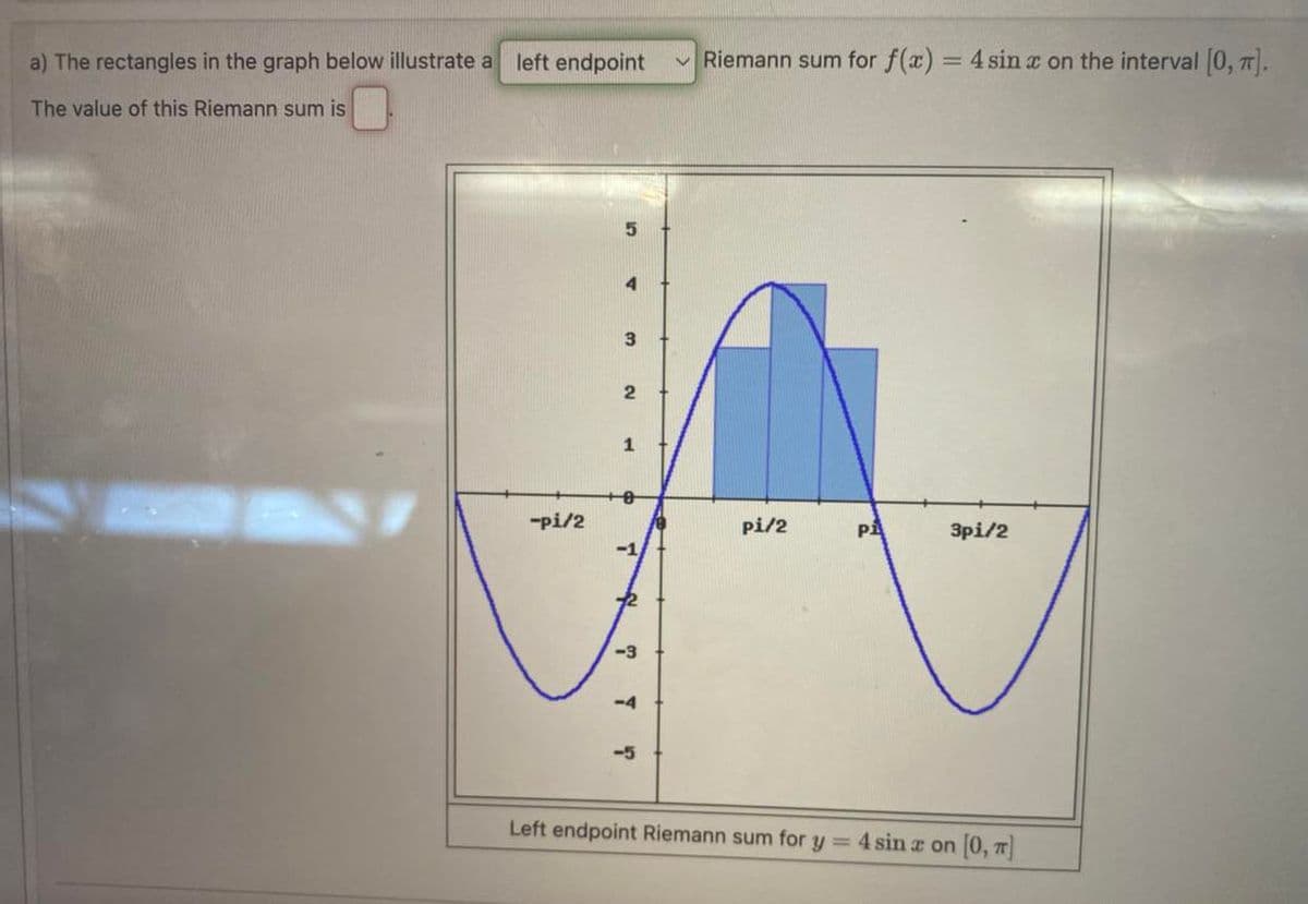 a) The rectangles in the graph below illustrate a left endpoint
The value of this Riemann sum is
-Pi/2
5
4
3
2
1
-1
-2
-3
T
-5
Riemann sum for f(x) = 4 sin x on the interval [0, π].
pi/2
Left endpoint Riemann sum for Y
P₁
3pi/2
4 sin æ on [0, π]