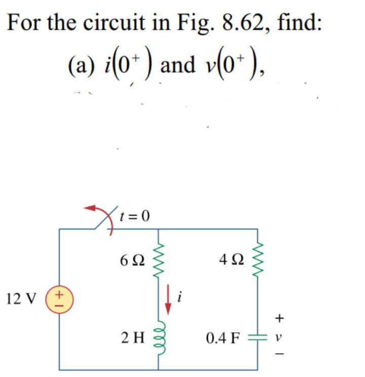For the circuit in Fig. 8.62, find:
(a) i(0*) and v(0*),
t = 0
6Ω
4Ω
12 V (+
+
2 H
0.4 F
