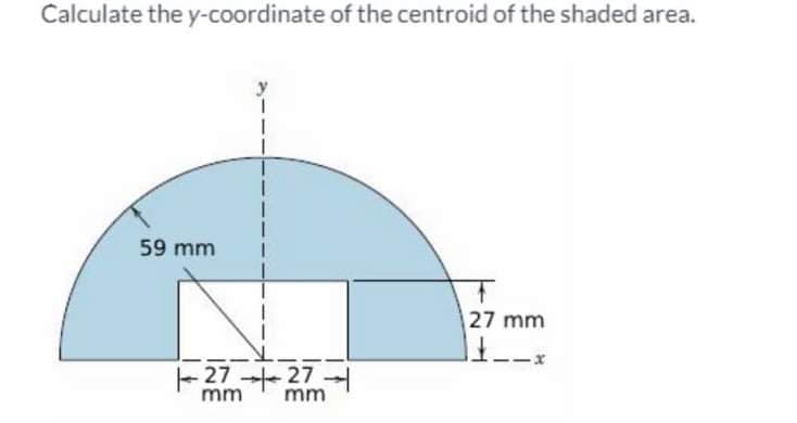 Calculate the y-coordinate of the centroid of the shaded area.
59 mm
I
I
27-27-
mm
mm
27 mm
1+--x
