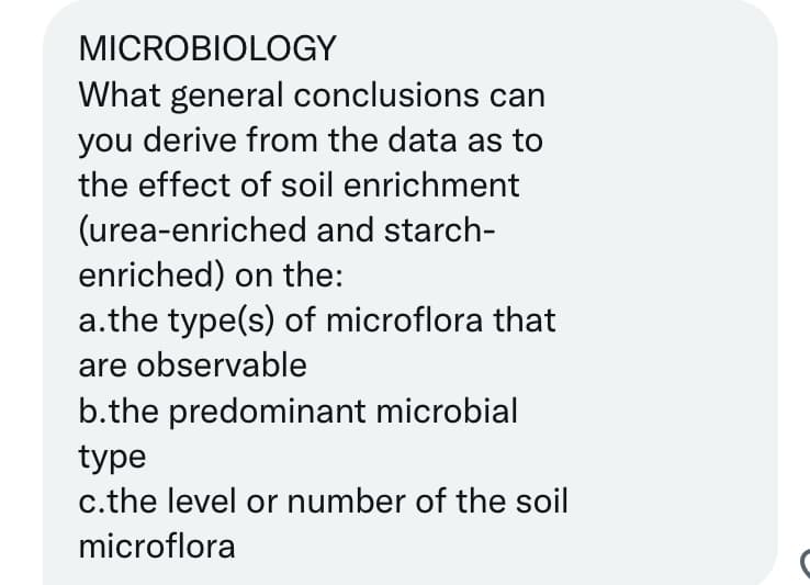 MICROBIOLOGY
What general conclusions can
you derive from the data as to
the effect of soil enrichment
(urea-enriched and starch-
enriched) on the:
a.the type(s) of microflora that
are observable
b.the predominant microbial
type
c.the level or number of the soil
microflora