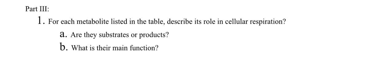 Part III:
1. For each metabolite listed in the table, describe its role in cellular respiration?
a. Are they substrates or products?
b. What is their main function?