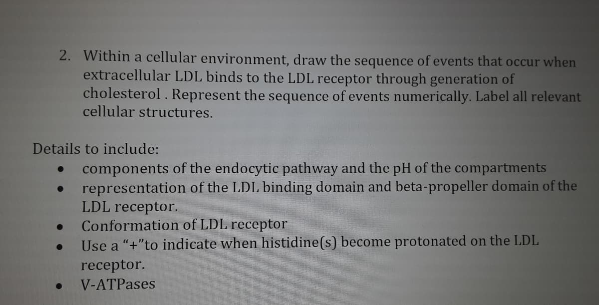 2. Within a cellular environment, draw the sequence of events that occur when
extracellular LDL binds to the LDL receptor through generation of
cholesterol. Represent the sequence of events numerically. Label all relevant
cellular structures.
Details to include:
components of the endocytic pathway and the pH of the compartments
representation of the LDL binding domain and beta-propeller domain of the
LDL receptor.
Conformation of LDL receptor
Use a "+"to indicate when histidine(s) become protonated on the LDL
receptor.
V-ATPases
