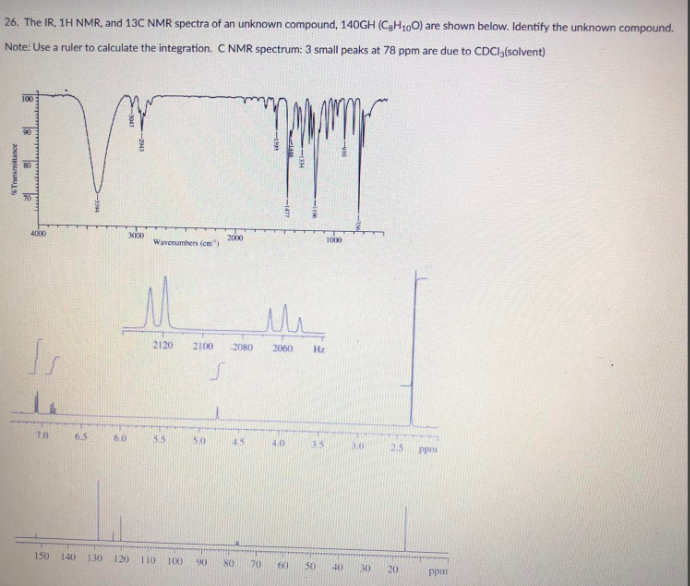 26. The IR, 1H NMR, and 13C NMR spectra of an unknown compound, 140GH (C₂H100) are shown below. Identify the unknown compound.
Note: Use a ruler to calculate the integration. C NMR spectrum: 3 small peaks at 78 ppm are due to CDCl (solvent)
Transmittance
12
4000
Ss
7.0
W MY
150
6.5
6.0
3000
Wavenumbers (cm)
2120 2100 2080
S
5.5
2000
5.0
140 130 120 110 100 90 80
70
ли
2060 H₂
4.0
60
1000
50
40
3.0
30 20
ppm
ppm