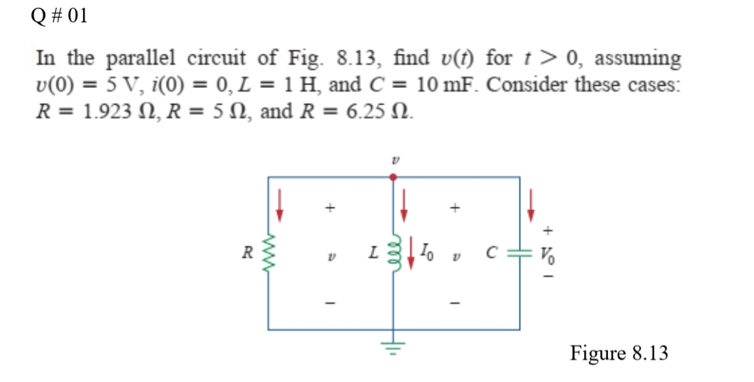Q # 01
In the parallel circuit of Fig. 8.13, find v(f) for t > 0, assuming
v(0) = 5 V, i(0) = 0, L = 1 H, and C = 10 mF. Consider these cases:
R = 1.923 N, R = 5 N, and R = 6.25 N.
Figure 8.13
+
