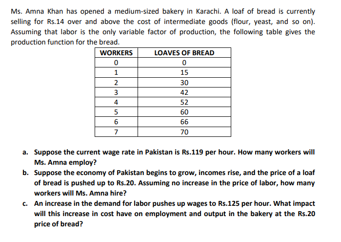 Ms. Amna Khan has opened a medium-sized bakery in Karachi. A loaf of bread is currently
selling for Rs.14 over and above the cost of intermediate goods (flour, yeast, and so on).
Assuming that labor is the only variable factor of production, the following table gives the
production function for the bread.
WORKERS
LOAVES OF BREAD
15
2
30
3
42
4
52
5
60
66
7
70
a. Suppose the current wage rate in Pakistan is Rs.119 per hour. How many workers will
Ms. Amna employ?
b. Suppose the economy of Pakistan begins to grow, incomes rise, and the price of a loaf
of bread is pushed up to Rs.20. Assuming no increase in the price of labor, how many
workers will Ms. Amna hire?
c. An increase in the demand for labor pushes up wages to Rs.125 per hour. What impact
will this increase in cost have on employment and output in the bakery at the Rs.20
price of bread?

