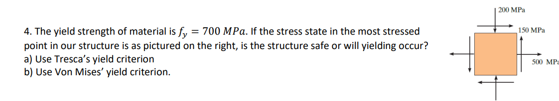 4. The yield strength of material is fy = 700 MPa. If the stress state in the most stressed
point in our structure is as pictured on the right, is the structure safe or will yielding occur?
a) Use Tresca's yield criterion
b) Use Von Mises' yield criterion.
200 MPa
150 MPa
500 MPa