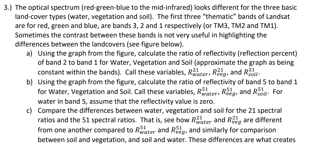 3.) The optical spectrum (red-green-blue to the mid-infrared) looks different for the three basic
land-cover types (water, vegetation and soil). The first three "thematic" bands of Landsat
are for red, green and blue, are bands 3, 2 and 1 respectively (or TM3, TM2 and TM1).
Sometimes the contrast between these bands is not very useful in highlighting the
differences between the land covers (see figure below).
a) Using the graph from the figure, calculate the ratio of reflectivity (reflection percent)
of band 2 to band 1 for Water, Vegetation and Soil (approximate the graph as being
constant within the bands). Call these variables, Rwater, Reg, and Roll.
D51
b) Using the graph from the figure, calculate the ratio of reflectivity of band 5 to band 1
for Water, Vegetation and Soil. Call these variables, Rater, Rog, and Ril. For
water in band 5, assume that the reflectivity value is zero.
c) Compare the differences between water, vegetation and soil for the 21 spectral
ratios and the 51 spectral ratios. That is, see how Rwater and Rg are different
from one another compared to Rwater and Reg, and similarly for comparison
between soil and vegetation, and soil and water. These differences are what creates