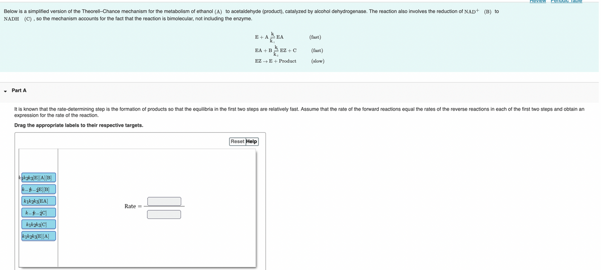 Review
Periodic Table
Below is a simplified version of the Theorell-Chance mechanism for the metabolism of ethanol (A) to acetaldehyde (product), catalyzed by alcohol dehydrogenase. The reaction also involves the reduction of NAD+ (B) to
NADH (C) , so the mechanism accounts for the fact that the reaction is bimolecular, not including the enzyme.
E + A
EA
(fast)
EA + B
EZ + C
(fast)
EZ → E + Product
(slow)
• Part A
It is known that the rate-determining step is the formation of products so that the equilibria in the first two steps are relatively fast. Assume that the rate of the forward reactions equal the rates of the reverse reactions in each of the first two steps and obtain an
expression for the rate of the reaction.
Drag the appropriate labels to their respective targets.
Reset Help
kıkak3 E][A][B]
k-k-¿E][B]
kık2k3[EA]
Rate =
k-k–¿C]
kıkk3[C]
kikzk3 E][A]
