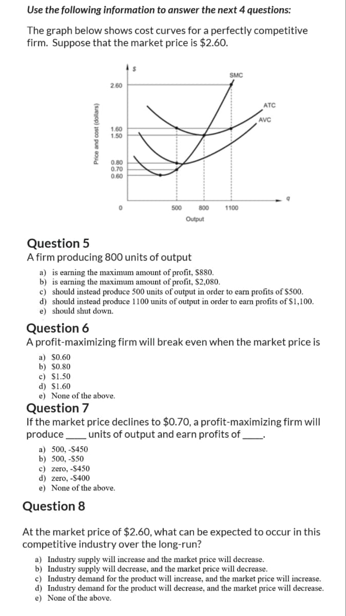 Use the following information to answer the next 4 questions:
The graph below shows cost curves for a perfectly competitive
firm. Suppose that the market price is $2.60.
Price and cost (dollars)
2.60
1.60
1.50
0.80
0.70
0.60
500
800
1100
Output
SMC
ATC
AVC
Question 5
A firm producing 800 units of output
a) is earning the maximum amount of profit, $880.
b) is earning the maximum amount of profit, $2,080.
c) should instead produce 500 units of output in order to earn profits of $500.
d) should instead produce 1100 units of output in order to earn profits of $1,100.
e) should shut down.
Question 6
A profit-maximizing firm will break even when the market price is
a) $0.60
b) $0.80
c) $1.50
d) $1.60
e) None of the above.
Question 7
If the market price declines to $0.70, a profit-maximizing firm will
produce units of output and earn profits of_
a) 500,-$450
b) 500,-$50
c) zero, -$450
d) zero, -$400
e) None of the above.
Question 8
At the market price of $2.60, what can be expected to occur in this
competitive industry over the long-run?
a) Industry supply will increase and the market price will decrease.
b) Industry supply will decrease, and the market price will decrease.
c) Industry demand for the product will increase, and the market price will increase.
d) Industry demand for the product will decrease, and the market price will decrease.
e) None of the above.