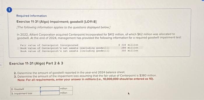 Required information
Exercise 11-31 (Algo) Impairment; goodwill [LO11-8]
[The following information applies to the questions displayed below.]
In 2022, Alliant Corporation acquired Centerpoint Incorporated for $412 million, of which $62 million was allocated to
goodwill. At the end of 2024, management has provided the following information for a required goodwill impairment test:
Fair value of Centerpoint Incorporated
Book value of Centerpoint's net assets (excluding goodwill)
Book value of Centerpoint's net assets (including goodwill)
Exercise 11-31 (Algo) Part 2 & 3
2. Determine the amount of goodwill reported in the year-end 2024 balance sheet.
3. Determine the amount of the impairment loss assuming that the fair value of Centerpoint is $380 million.
Note: For all requirements, enter your answer in millions (i.e., 10,000,000 should be entered as 10).
2. Goodwill
3. Impairment loss
$ 318 million
288 million
350 million
million
million