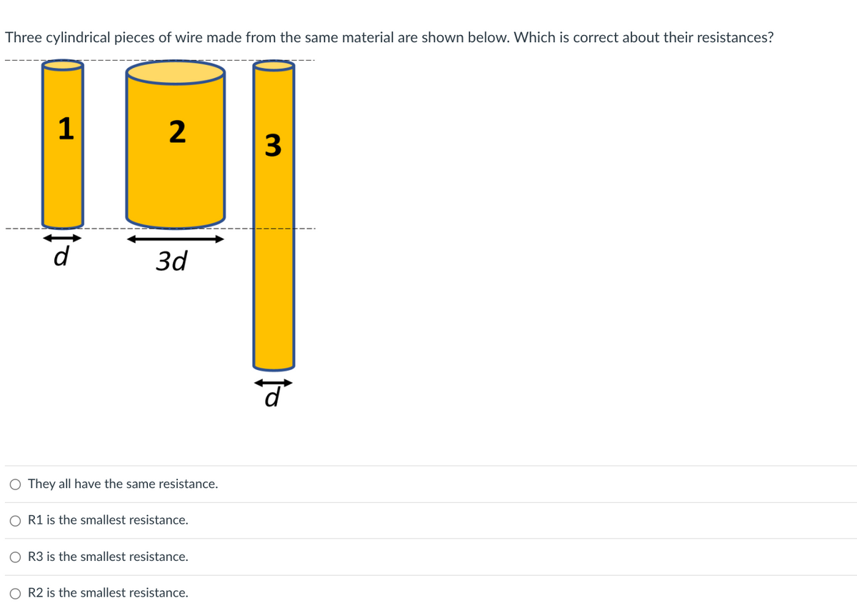 Three cylindrical pieces of wire made from the same material are shown below. Which is correct about their resistances?
1
2
3
3d
O
They all have the same resistance.
R1 is the smallest resistance.
R3 is the smallest resistance.
O R2 is the smallest resistance.
d