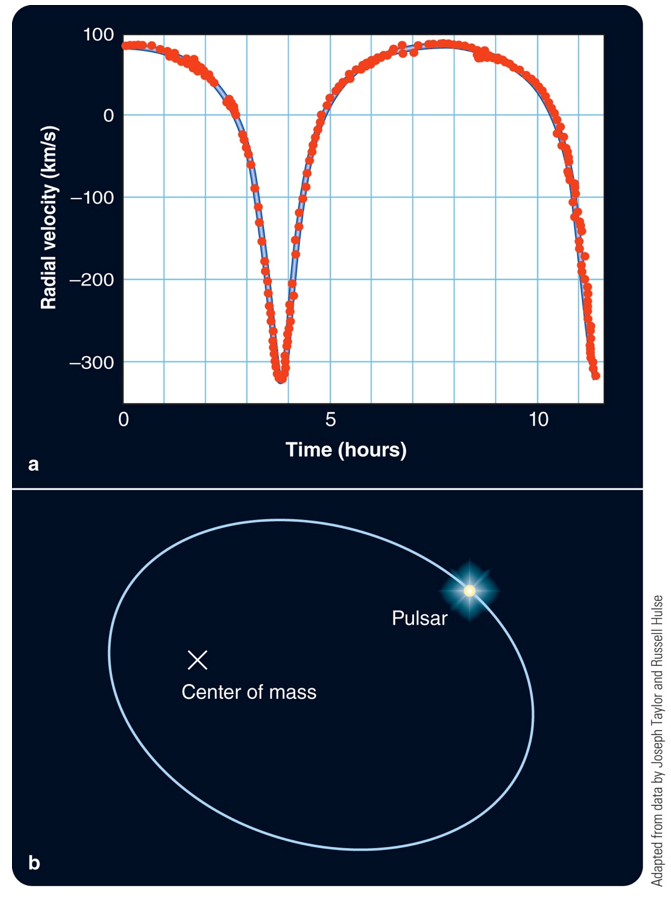 100
-100
-200
-300
10
Time (hours)
a
Pulsar
Center of mass
b
Radial velocity (km/s)
Adapted from data by Joseph Taylor and Russell Hulse
