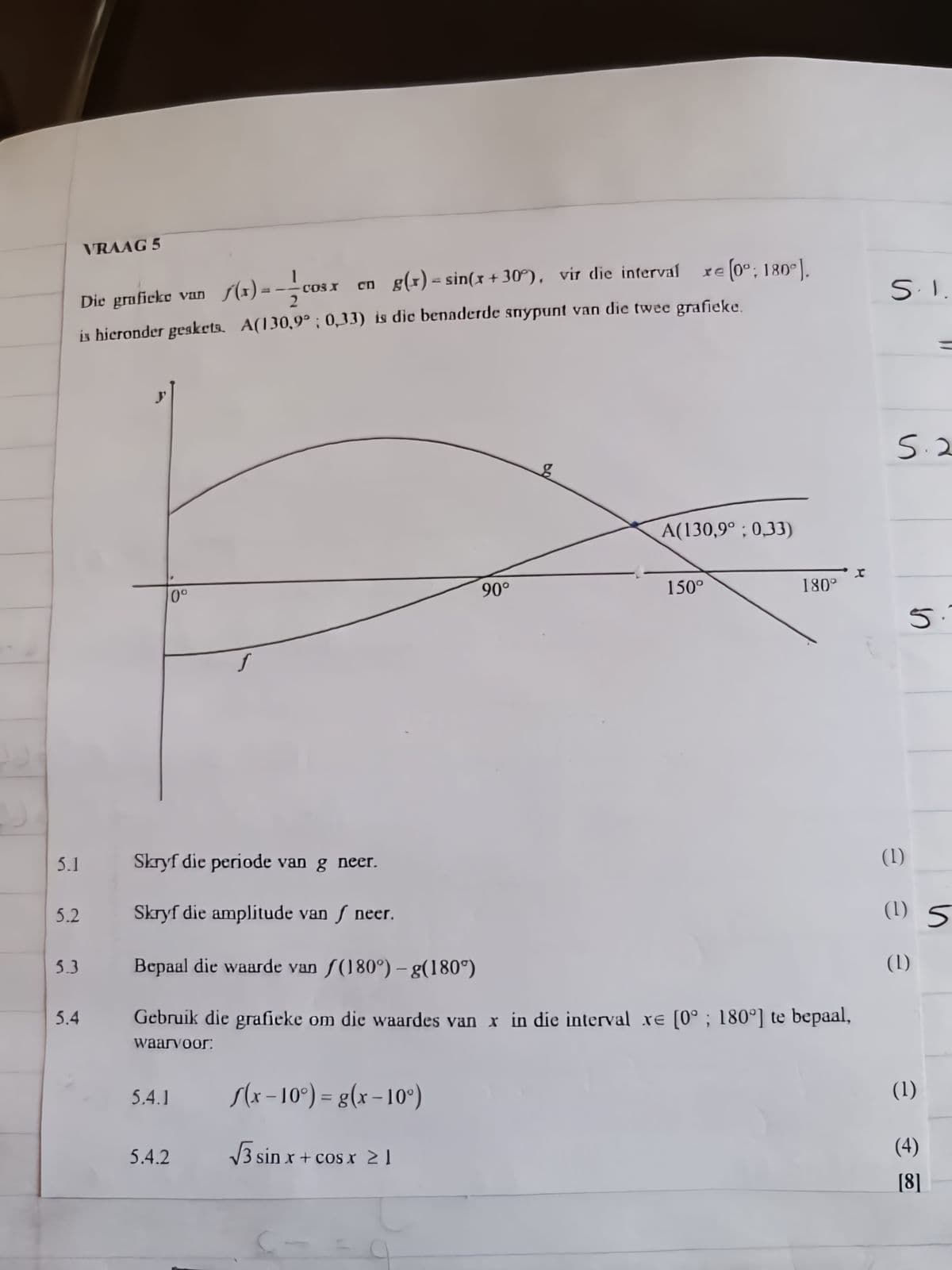 VRAAG 5
Die grafieke van f(x) = 1½ cosx en g(x)=sin(x +30°), vir die interval xe (0°; 180°).
2
is hieronder geskets. A(130,9°; 0,33) is die benaderde snypunt van die twee grafieke.
A(130,9°; 0,33)
0º
90°
150°
I
180°
5.1.
5.2
5.1
5.1
Skryf die periode van g neer.
(1)
5.2
Skryf die amplitude van neer.
e
(1) 5
5.3
Bepaal die waarde van (180°) - g(180°)
(L)
5.4
Gebruik die grafieke om die waardes van x in die interval re [0°; 180°] te bepaal,
waarvoor:
5.4.1
f(x-10°) = g(x -10°)
(1)
5.4.2
√√3 sin x + cos x ≥1
(4)
[8]