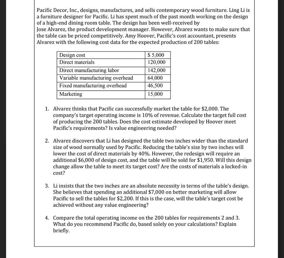 Pacific Decor, Inc., designs, manufactures, and sells contemporary wood furniture. Ling Li is
a furniture designer for Pacific. Li has spent much of the past month working on the design
of a high-end dining room table. The design has been well-received by
Jose Alvarez, the product development manager. However, Alvarez wants to make sure that
the table can be priced competitively. Amy Hoover, Pacific's cost accountant, presents
Alvarez with the following cost data for the expected production of 200 tables:
Design cost
$ 5,000
Direct materials
120,000
Direct manufacturing labor
Variable manufacturing overhead
Fixed manufacturing overhead
142,000
64,000
46,500
Marketing
15,000
1. Alvarez thinks that Pacific can successfully market the table for $2,000. The
company's target operating income is 10% of revenue. Calculate the target full cost
of producing the 200 tables. Does the cost estimate developed by Hoover meet
Pacific's requirements? Is value engineering needed?
2. Alvarez discovers that Li has designed the table two inches wider than the standard
size of wood normally used by Pacific. Reducing the table's size by two inches will
lower the cost of direct materials by 40%. However, the redesign will require an
additional $6,000 of design cost, and the table will be sold for $1,950. Will this design
change allow the table to meet its target cost? Are the costs of materials a locked-in
cost?
3. Li insists that the two inches are an absolute necessity in terms of the table's design.
She believes that spending an additional $7,000 on better marketing will allow
Pacific to sell the tables for $2,200. If this is the case, will the table's target cost be
achieved without any value engineering?
4. Compare the total operating income on the 200 tables for requirements 2 and 3.
What do you recommend Pacific do, based solely on your calculations? Explain
briefly.
