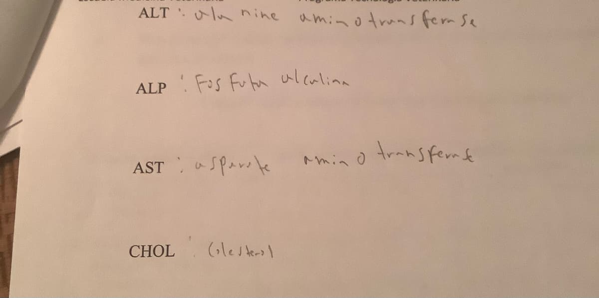 ALT nine aminotransfernse
ALP Fos Futa alcalina
AST spre
CHOL
6
(olesters)
amin o transfernse