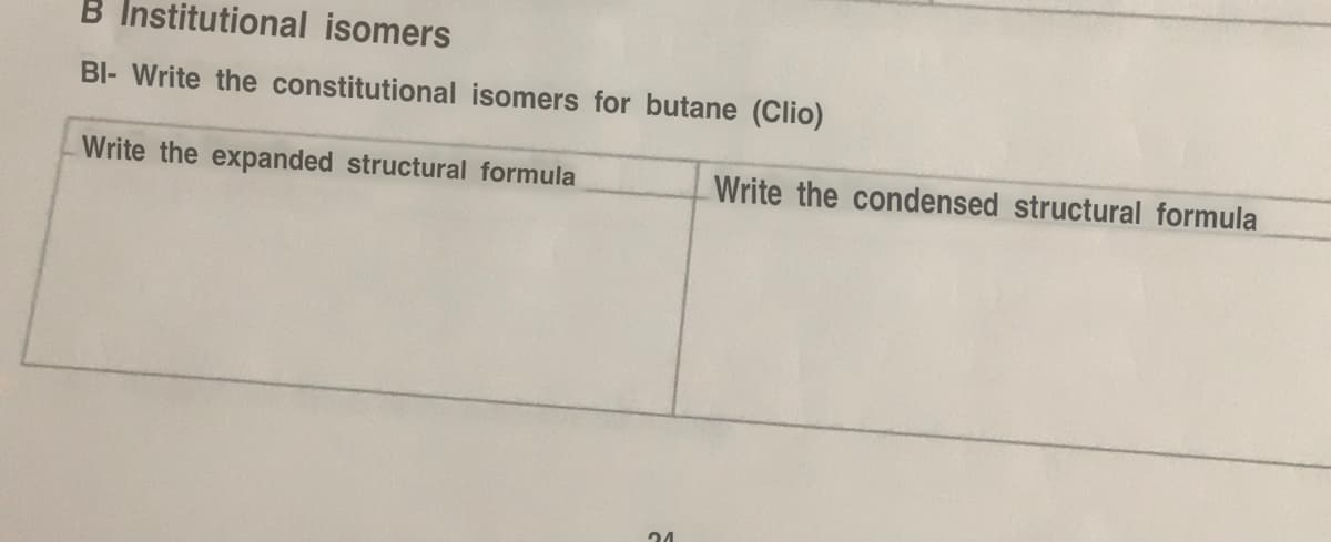 B Institutional isomers
BI-Write the constitutional isomers for butane (Clio)
Write the expanded structural formula
21
Write the condensed structural formula