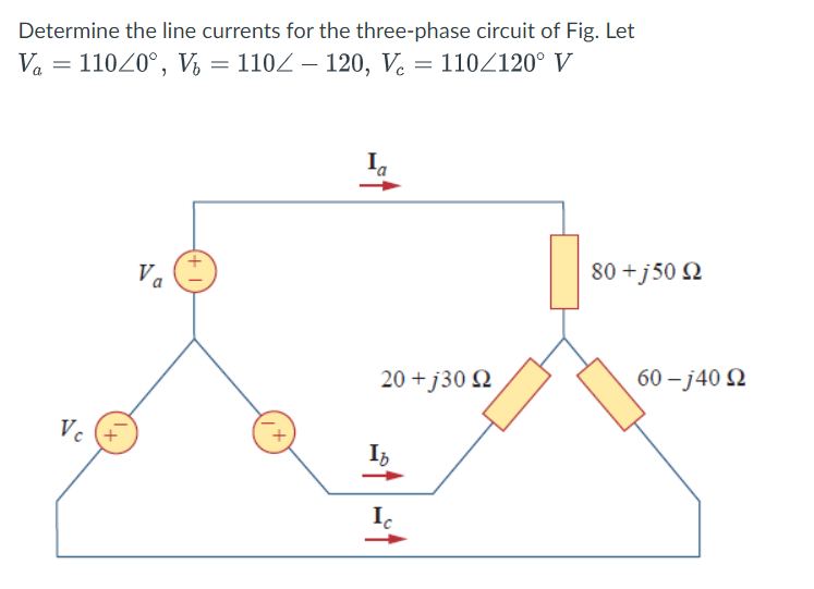 Determine the line currents for the three-phase circuit of Fig. Let
Va = 11020°, V = 110Z – 120, V. = 110Z120° V
Va
80 +j50 2
20 +j30 Q
60 – j40 2
Vc (+
I.
