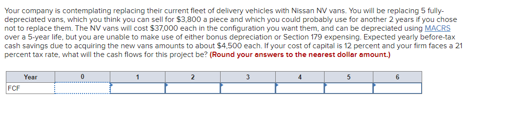 Your company is contemplating replacing their current fleet of delivery vehicles with Nissan NV vans. You will be replacing 5 fully-
depreciated vans, which you think you can sell for $3,800 a piece and which you could probably use for another 2 years if you chose
not to replace them. The NV vans will cost $37,000 each in the configuration you want them, and can be depreciated using MACRS
over a 5-year life, but you are unable to make use of either bonus depreciation or Section 179 expensing. Expected yearly before-tax
cash savings due to acquiring the new vans amounts to about $4,500 each. If your cost of capital is 12 percent and your firm faces a 21
percent tax rate, what will the cash flows for this project be? (Round your answers to the nearest dollar amount.)
FCF
Year
0
1
2
3
4
5
6