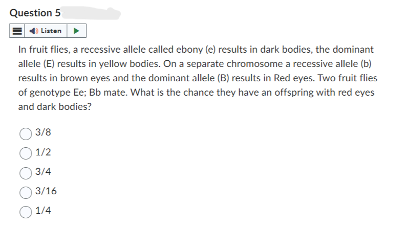 Question 5
Listen
In fruit flies, a recessive allele called ebony (e) results in dark bodies, the dominant
allele (E) results in yellow bodies. On a separate chromosome a recessive allele (b)
results in brown eyes and the dominant allele (B) results in Red eyes. Two fruit flies
of genotype Ee; Bb mate. What is the chance they have an offspring with red eyes
and dark bodies?
3/8
1/2
3/4
3/16
1/4