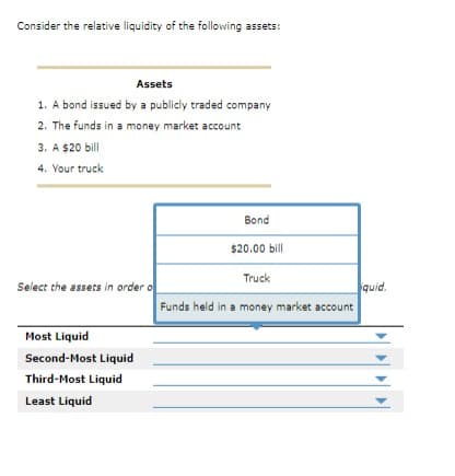 Consider the relative liquidity of the following assets:
Assets
1. A bond issued by a publicly traded company
2. The funds in a money market account
3. A $20 bill
4. Your truck
Select the assets in order o
Most Liquid
Second-Most Liquid
Third-Most Liquid
Least Liquid
Bond
520.00 bill
Truck
Funds held in a money market account
quid.