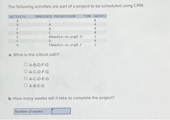 The following activities are part of a project to be scheduled using CPM:
IMMEDIATE PREDECESSOR TIME (WEEKS)
8
ACTIVITY
B
C
A
A
B%media:cm.png% D
EXmedia:cm.png% F
Number of weeks
D
a. What is the critical path?
O A-B-D-F-G
O A-C-D-F-G
O A-C-D-E-G
O A-B-E-G
4
4
8
2
6
b. How many weeks will it take to complete the project?