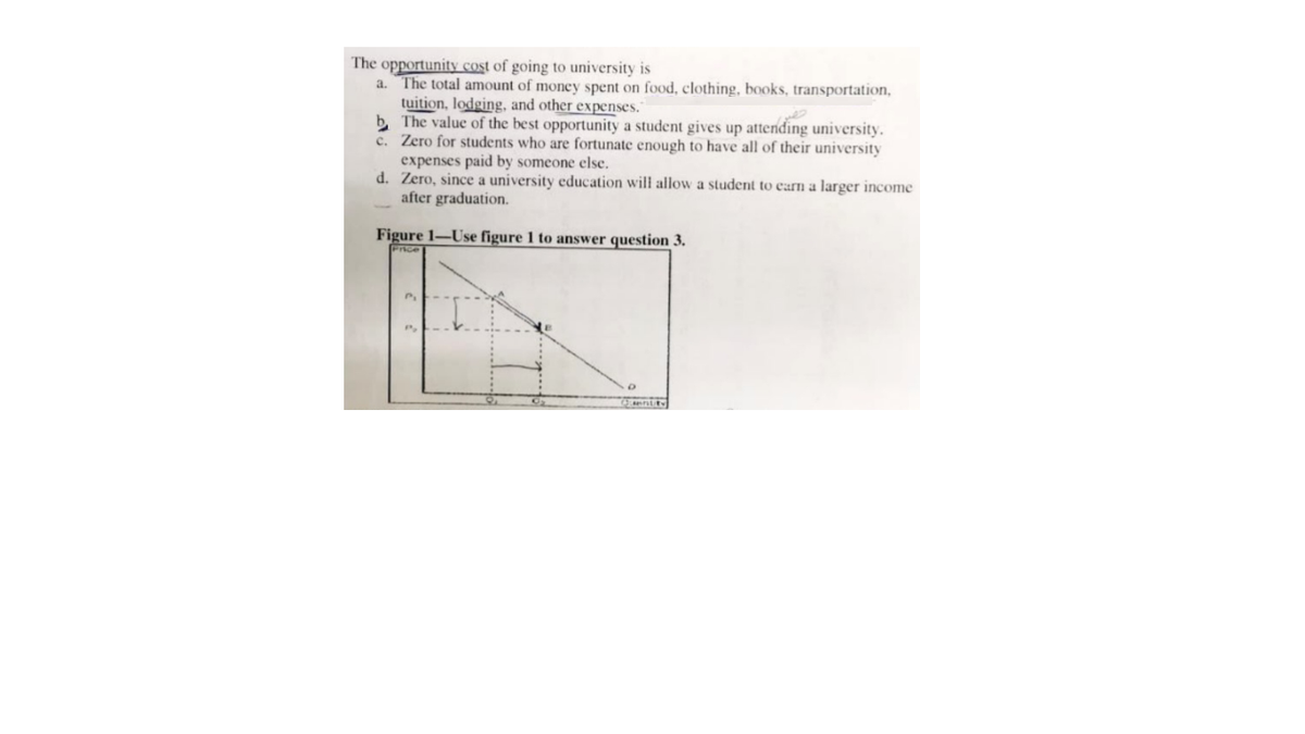 The opportunity cost of going to university is
a. The total amount of money spent on food, clothing, books, transportation,
tuition, lodging, and other expenses."
b The value of the best opportunity a student gives up attending university.
c. Zero for students who are fortunate enough to have all of their university
expenses paid by someone else.
d. Zero, since a university education will allow a student to carn a larger income
after graduation.
Figure 1-Use figure 1 to answer question 3.
Price
