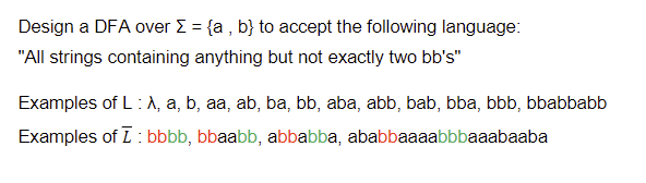 Design a DFA over Σ = {a, b} to accept the following language:
"All strings containing anything but not exactly two bb's"
Examples of L: λ, a, b, aa, ab, ba, bb, aba, abb, bab, bba, bbb, bbabbabb
Examples of ī: bbbb, bbaabb, abbabba, ababbaaaabbbaaabaaba