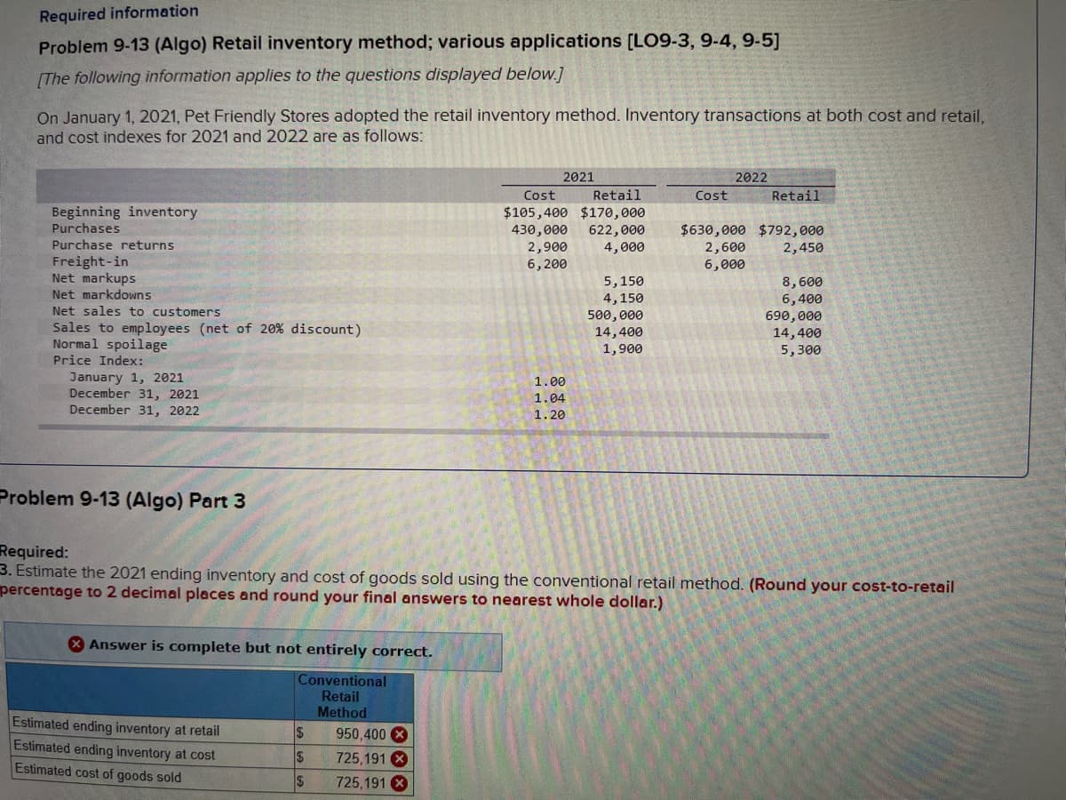 Required information
Problem 9-13 (Algo) Retail inventory method; various applications [LO9-3, 9-4, 9-5]
[The following information applies to the questions displayed below.]
On January 1, 2021, Pet Friendly Stores adopted the retail inventory method. Inventory transactions at both cost and retail,
and cost indexes for 2021 and 2022 are as follows:
Beginning inventory
Purchases
Purchase returns
Freight-in
Net markups
Net markdowns
Net sales to customers
Sales to employees (net of 20% discount)
Normal spoilage
Price Index:
January 1, 2021
December 31, 2021
December 31, 2022
Problem 9-13 (Algo) Part 3
X Answer is complete but not entirely correct.
Conventional
Retail
Method
Estimated ending inventory at retail
Estimated ending inventory at cost
Estimated cost of goods sold
$
$
$
2021
950,400 X
725,191 X
725,191 x
Cost Retail
$105,400 $170,000
430,000
622,000
4,000
2,900
6,200
1.00
1.04
1.20
5,150
4,150
500,000
14,400
1,900
Cost
2022
Required:
3. Estimate the 2021 ending inventory and cost of goods sold using the conventional retail method. (Round your cost-to-retail
percentage to 2 decimal places and round your final answers to nearest whole dollar.)
Retail
$630,000 $792,000
2,600
2,450
6,000
8,600
6,400
690,000
14,400
5,300