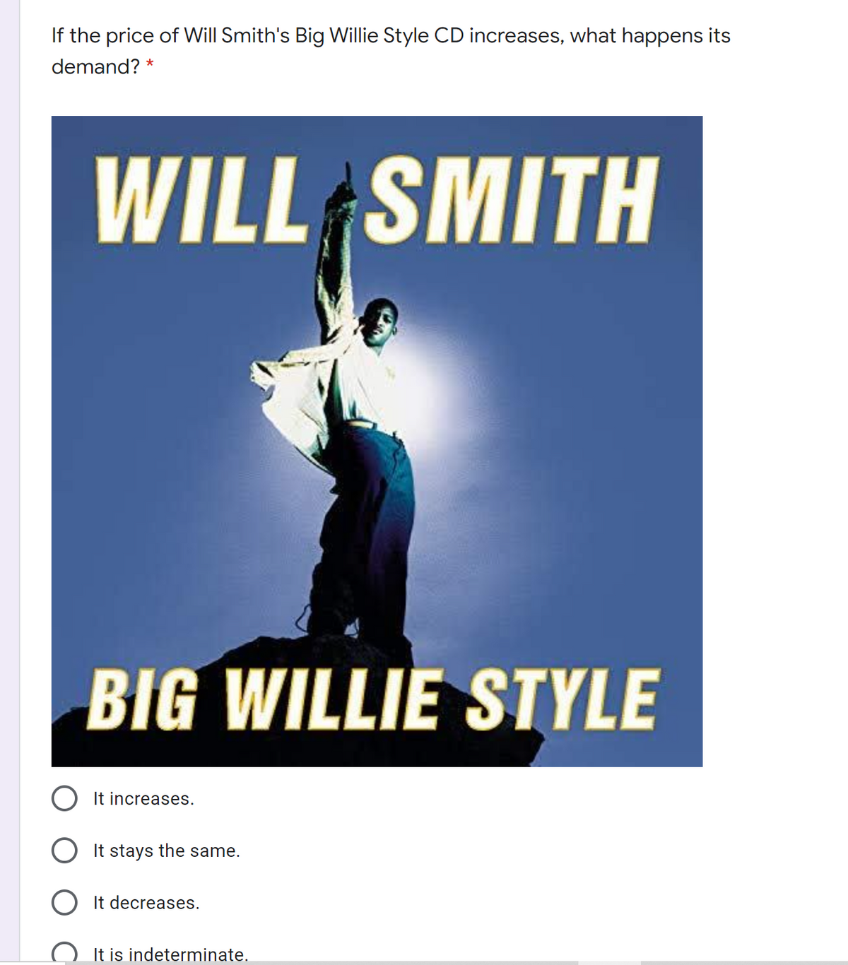 If the price of Will Smith's Big Willie Style CD increases, what happens its
demand? *
WILL SMITH
BIG WILLIE STYLE
It increases.
O It stays the same.
O It decreases.
It is indeterminate.
