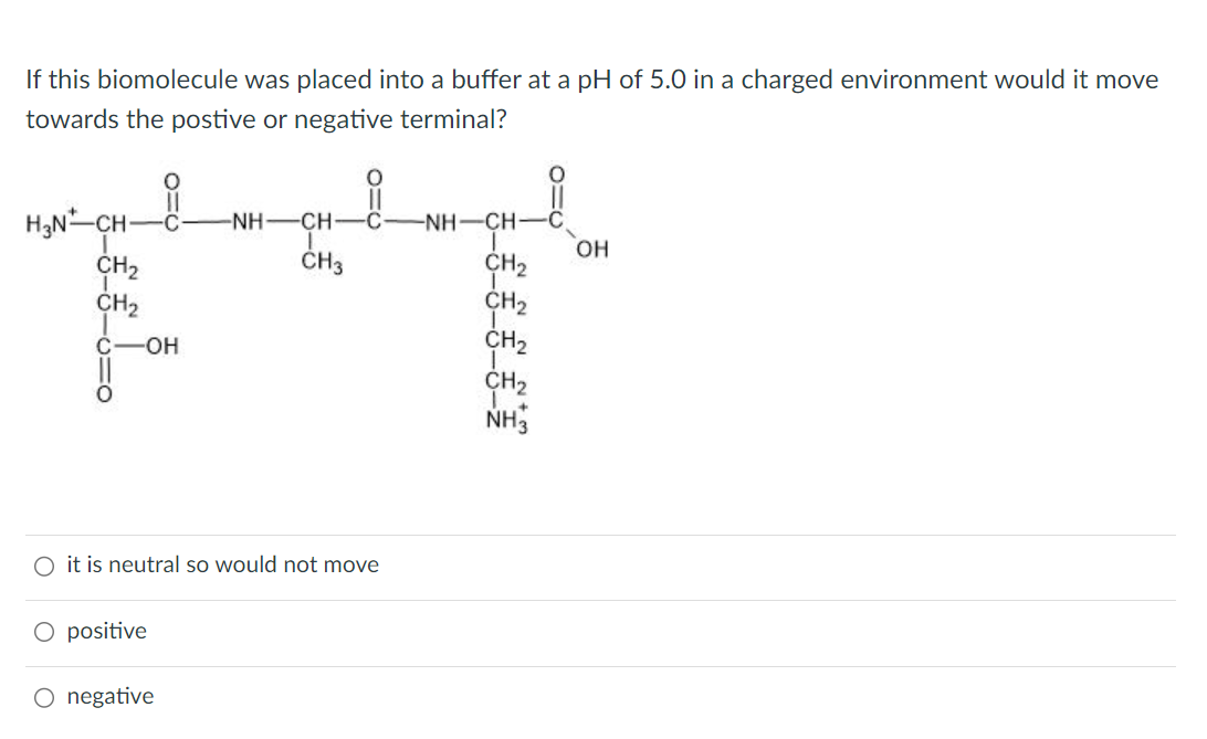 If this biomolecule was placed into a buffer at a pH of 5.0 in a charged environment would it move
towards the postive or negative terminal?
H3N-CH- C
NH–CH
C
-NH–CH
OH
CH2
CH3
CH2
CH2
C-OH
Oit is neutral so would not move
○ positive
○ negative
I
CH2
CH2
NH3