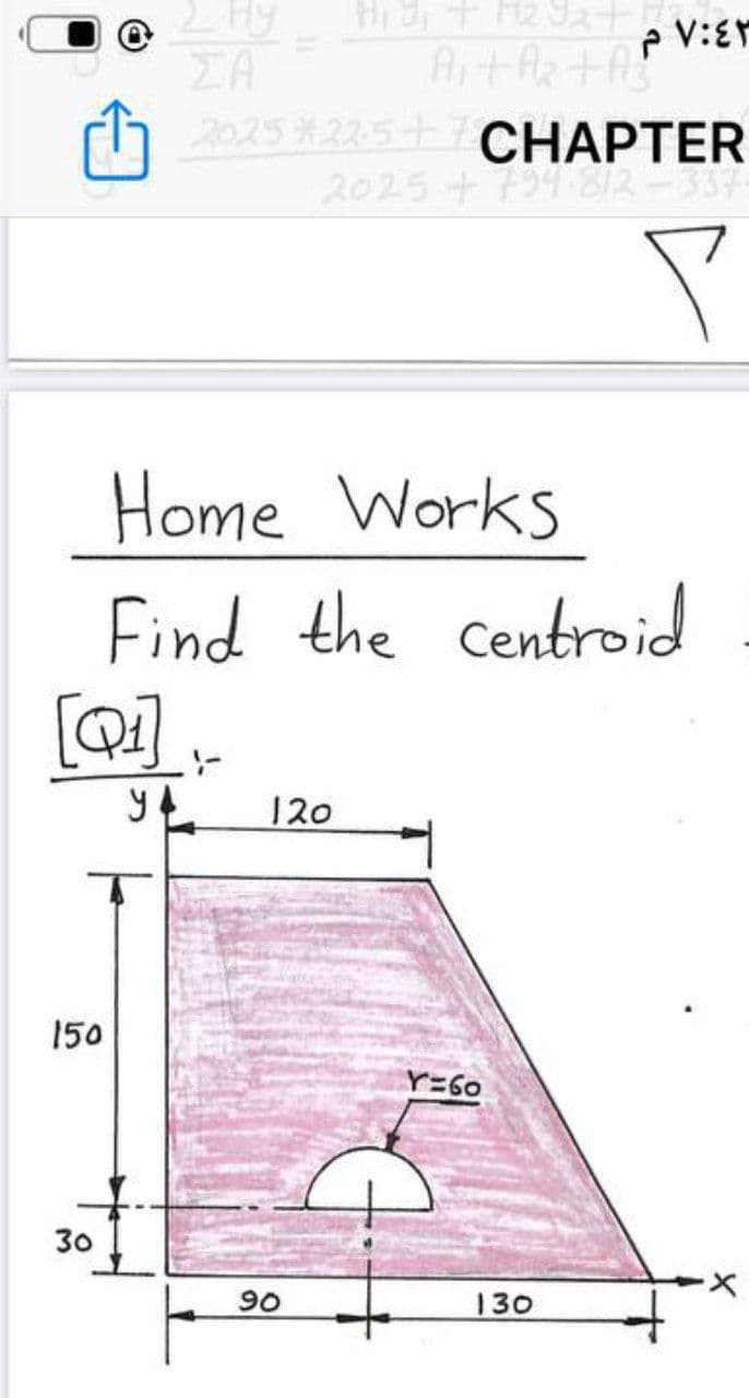 2 Hy
p V:Er
ZA
2025 22-5+7CHAPTER
2025+794812
Home Works
Find the centrod
120
150
Y=60
30
90
130
