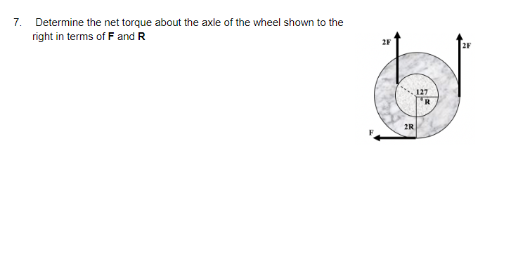 7. Determine the net torque about the axle of the wheel shown to the
right in terms of F and R
2F
2R
127
R
2F