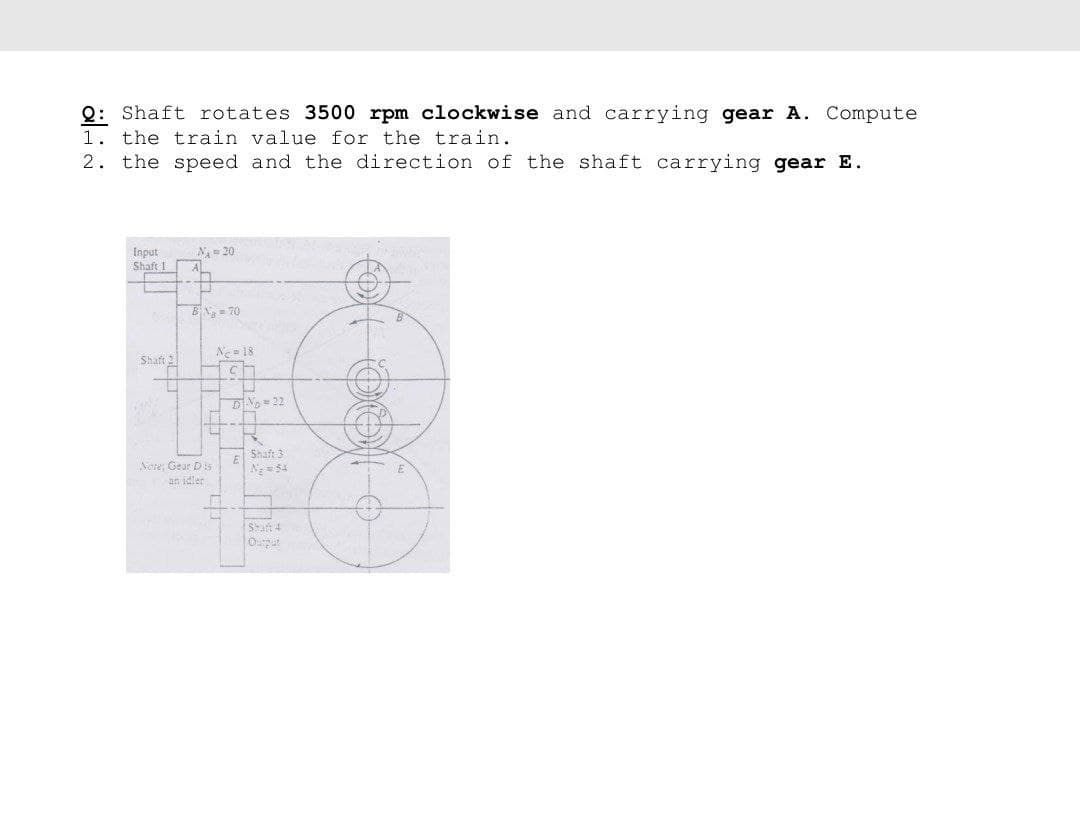 Q: Shaft rotates 3500 rpm clockwise and carrying gear A. Compute
1. the train value for the train.
2. the speed and the direction of the shaft carrying gear E.
Input
Shaft I A
N= 20
BN = 70
Ne= 18
Shaft 2
DNo = 22
Nere: Gear Dis
an idler
Shaft 3
N = 54
