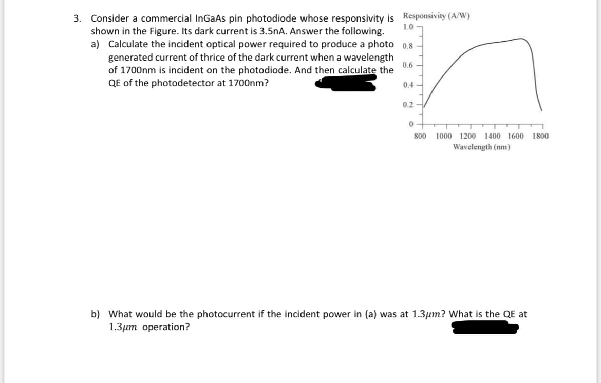 3. Consider a commercial InGaAs pin photodiode whose responsivity is Responsivity (A/W)
shown in the Figure. Its dark current is 3.5nA. Answer the following.
a) Calculate the incident optical power required to produce a photo 0.8
generated current of thrice of the dark current when a wavelength
of 1700nm is incident on the photodiode. And then calculate the
QE of the photodetector at 1700nm?
1.0
0.6
0.4
0.2
0
800
1000 1200 1400 1600 1800
Wavelength (nm)
b) What would be the photocurrent if the incident power in (a) was at 1.3μm? What is the QE at
1.3μm operation?