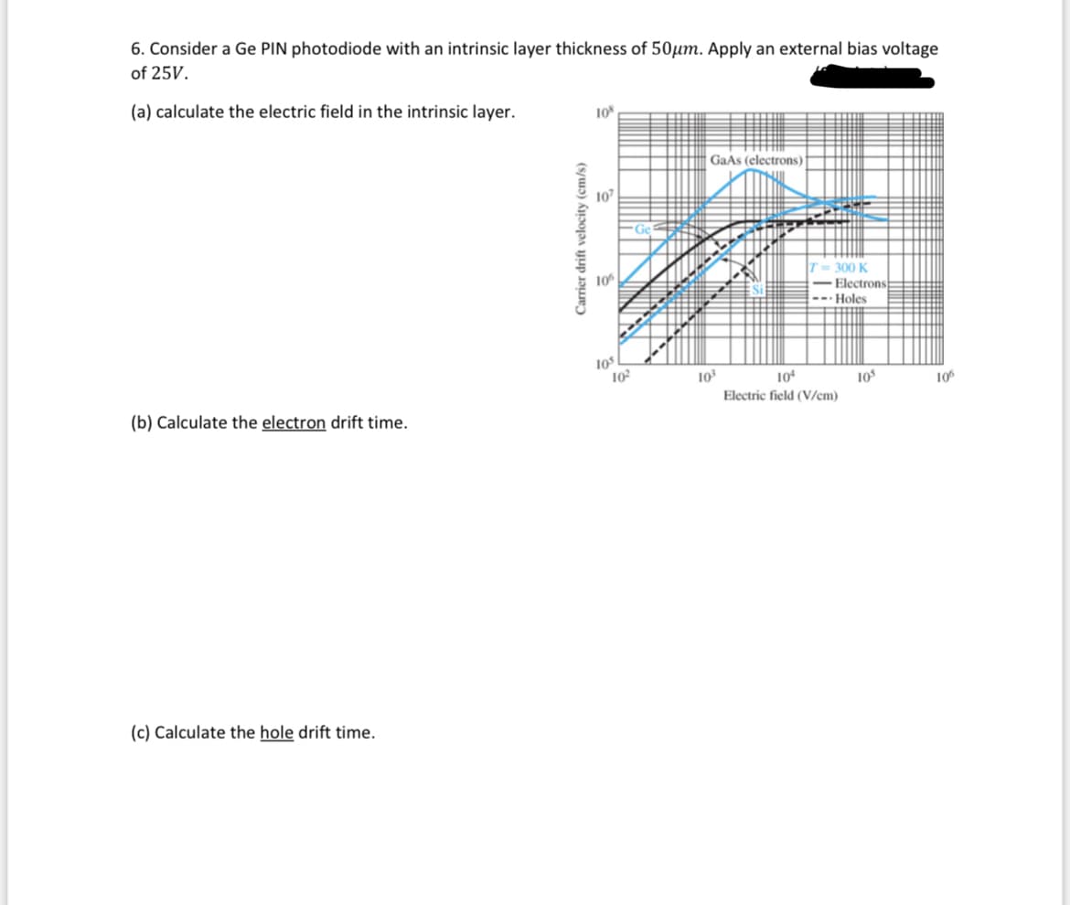 6. Consider a Ge PIN photodiode with an intrinsic layer thickness of 50μm. Apply an external bias voltage
of 25V.
(a) calculate the electric field in the intrinsic layer.
(b) Cal ate the electron drift
(c) Calculate the hole drift time.
Carrier drift velocity (cm/s)
10%
107
106
105
10²
GaAs (electrons)
THULL
10³
T= 300 K
- Electrons
Holes
104
Electric field (V/cm)
105
10⁰