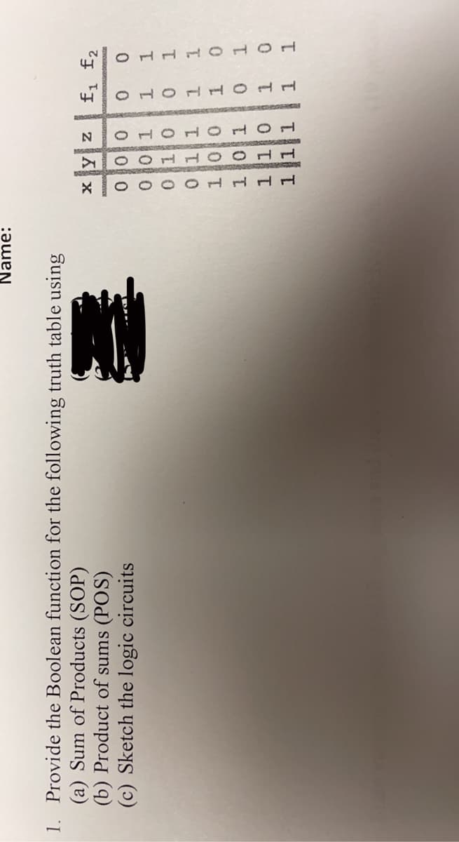 f, f2
1.
1.
1.
1.
1.
000
1.
1.
0 0 T
1.
1.
Xy z
0 1 1
1. Provide the Boolean function for the following truth table using
(a) Sum of Products (SOP)
(b) Product of sums (POS)
Name:
1 11
(c) Sketch the logic circuits
