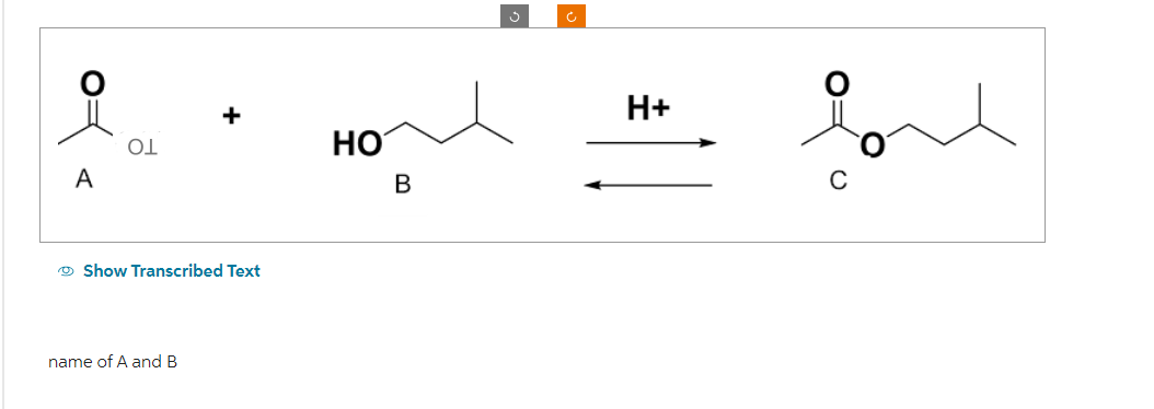 A
OL
Show Transcribed Text
name of A and B
HO
B
H+
с